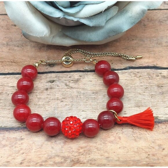 One Size Red Glass Bead & Gold Tone Slide Bracelet Tassel Shamballa MINT - Picture 10 of 11
